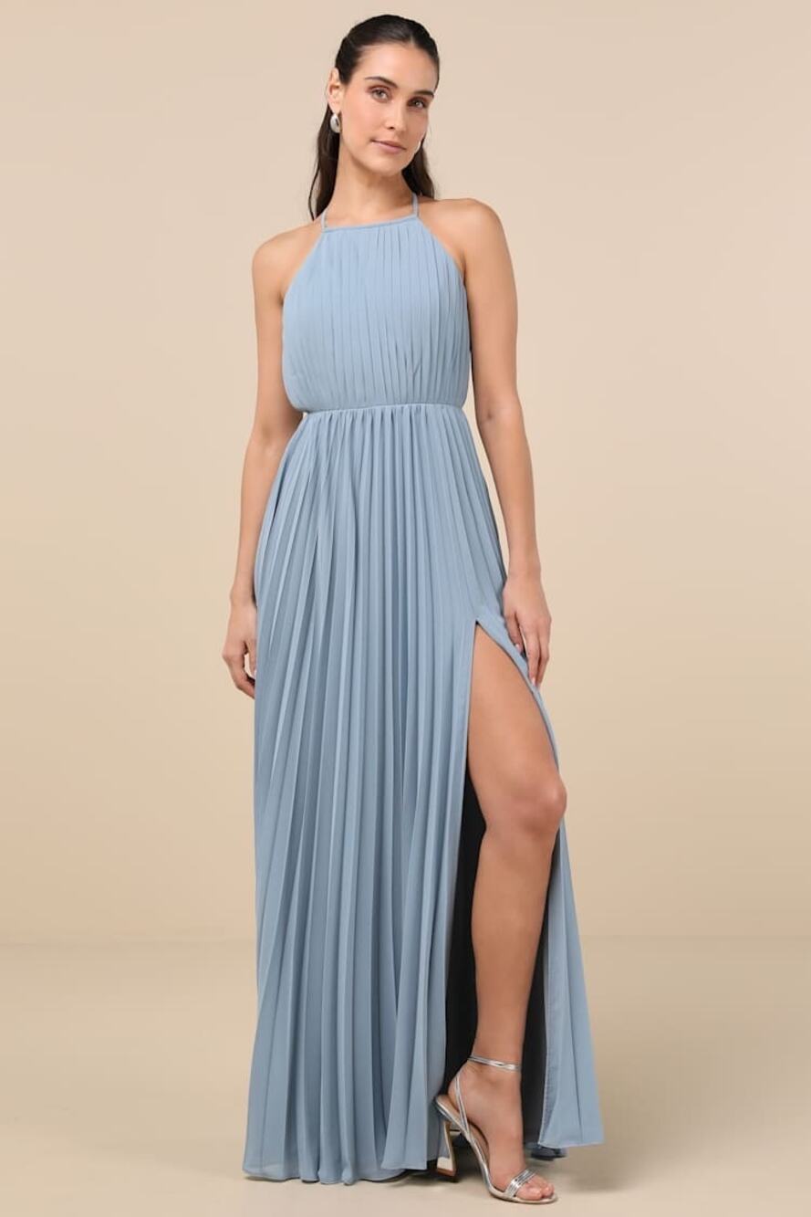 NWT Lulus Rylie Slate Blue Pleated Backless Maxi Dress Bridesmaid Holiday Sz XL